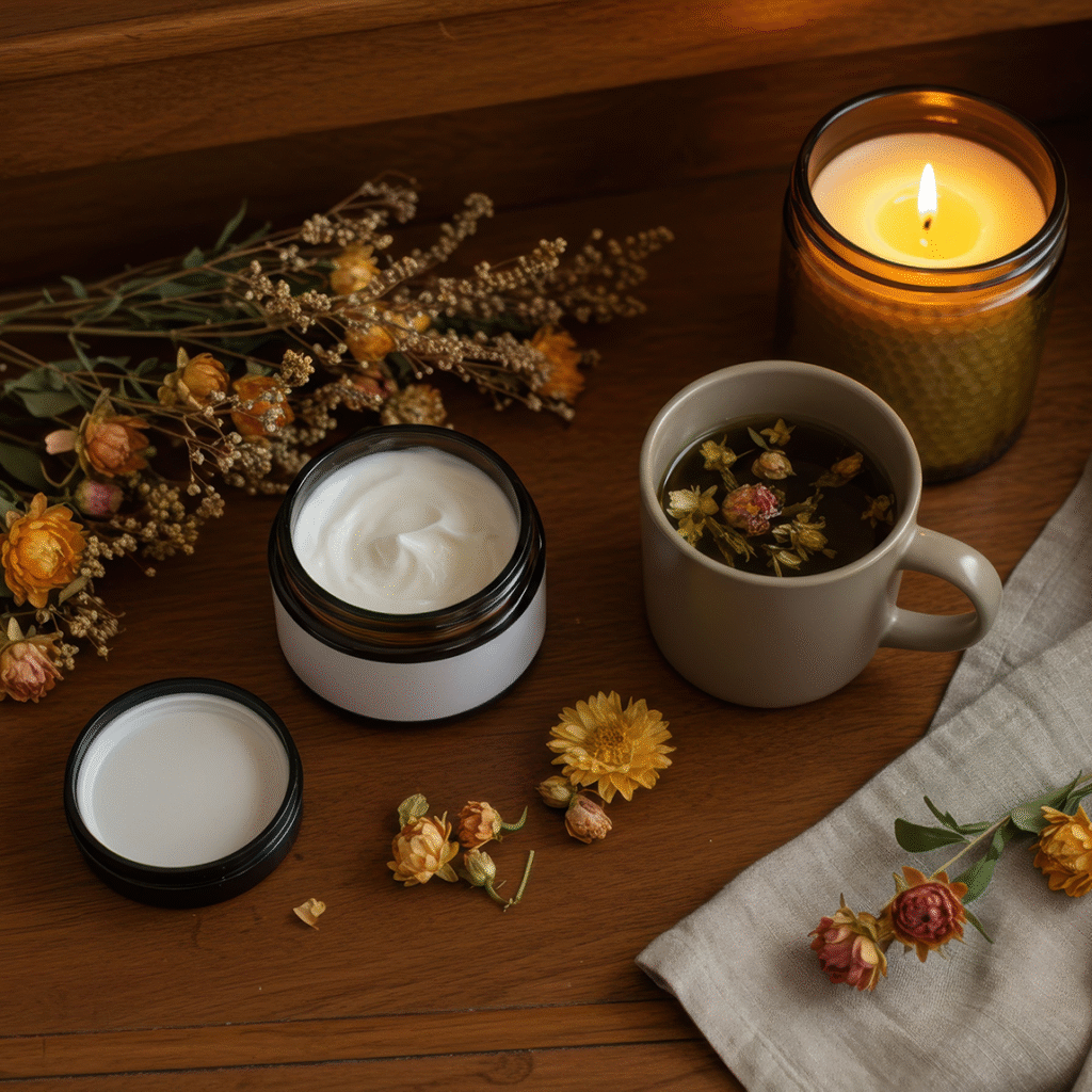 Face cream, tea & candle lifestyle image
